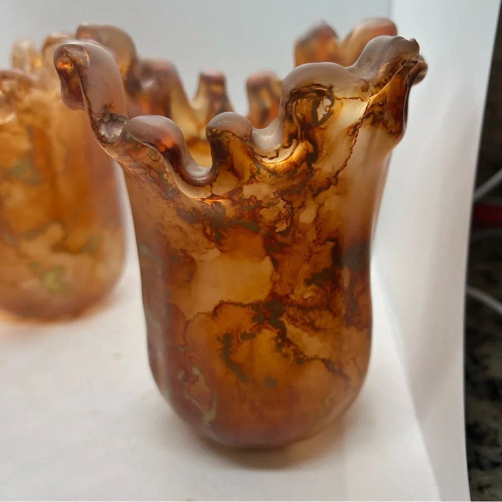 MCM Italian Swung Glass Candle Holders Amber with Metallic Swirls